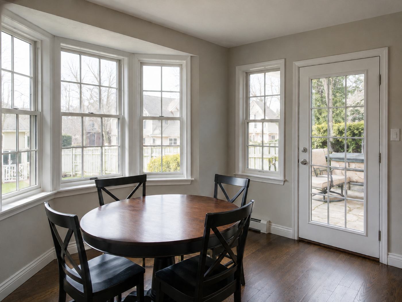 Breakfast nook with freshly painted walls, bay window and door trim