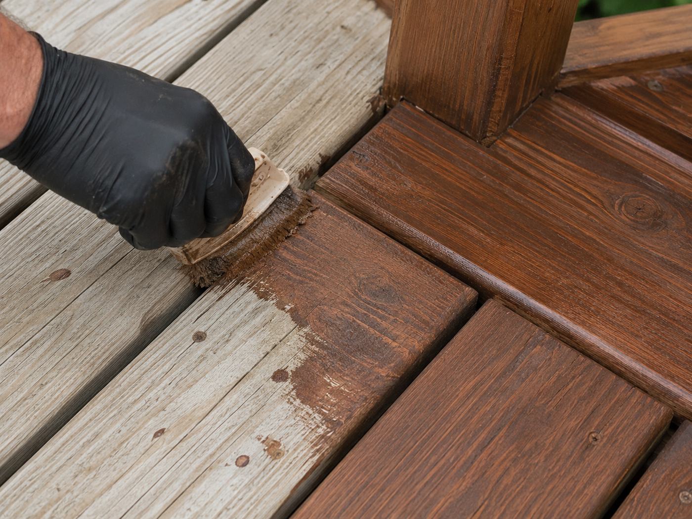 Close-up of deck staining near a post