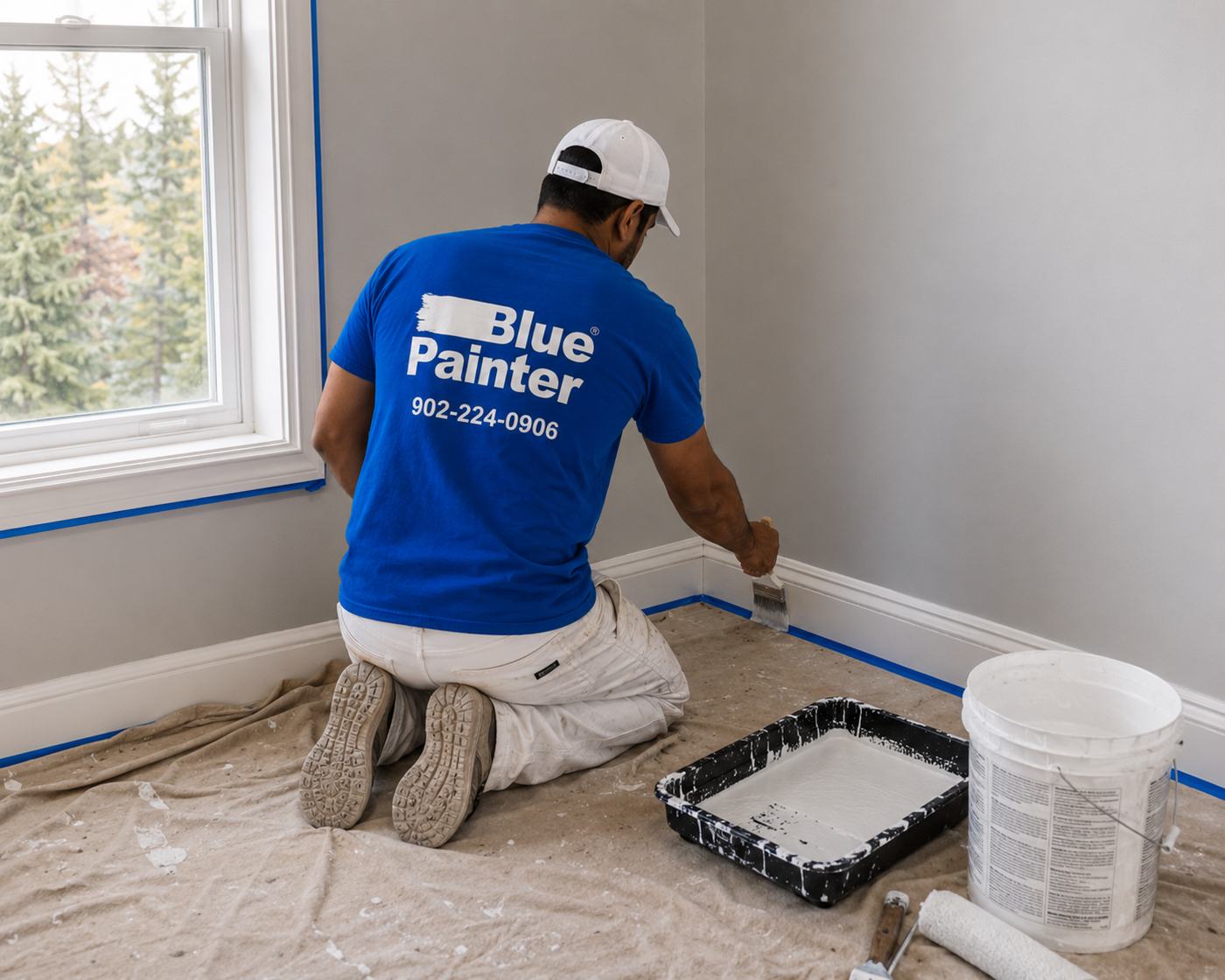 Blue Painter crew member painting baseboard trim