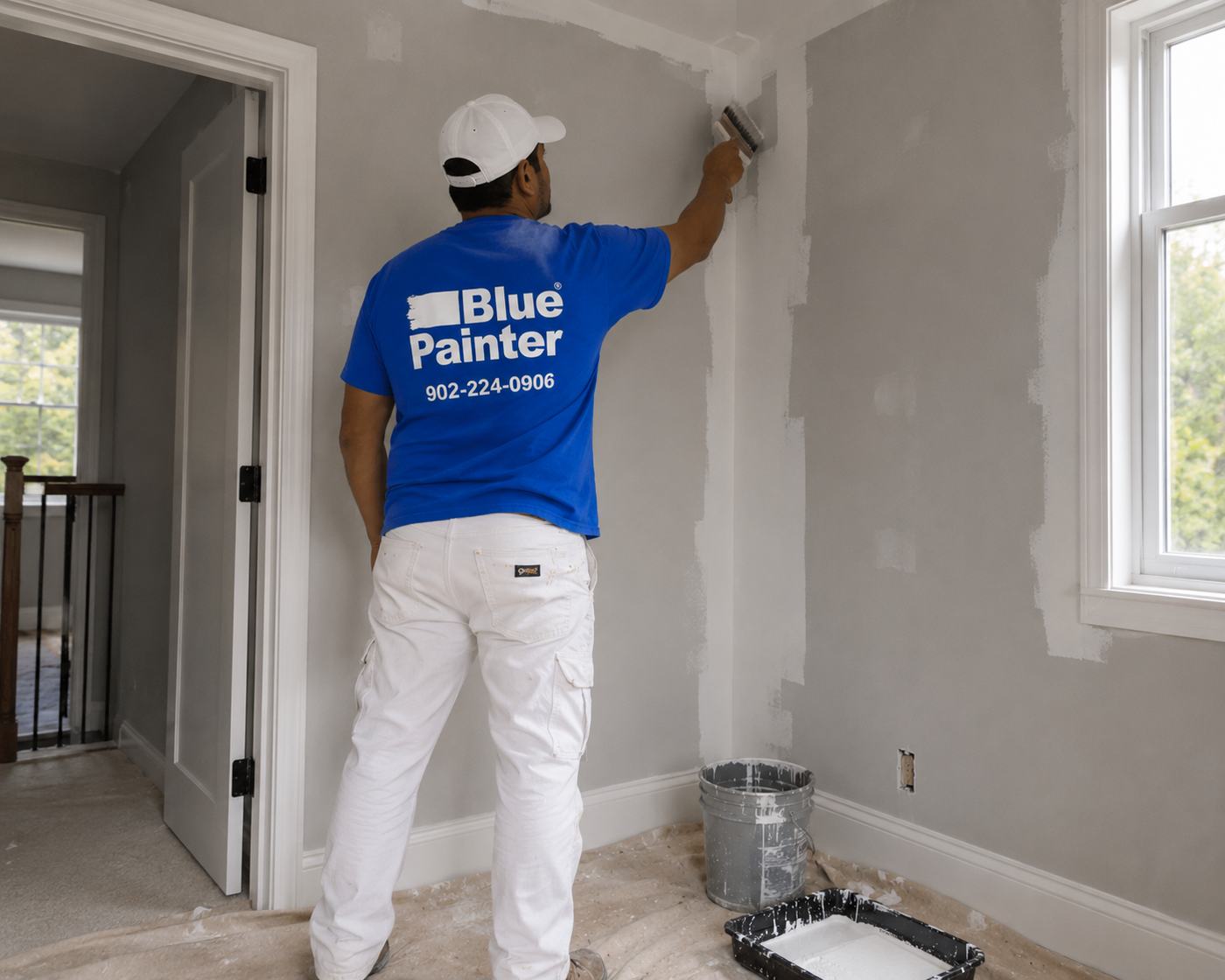 Blue Painter crew member cutting in a corner during wall repairs