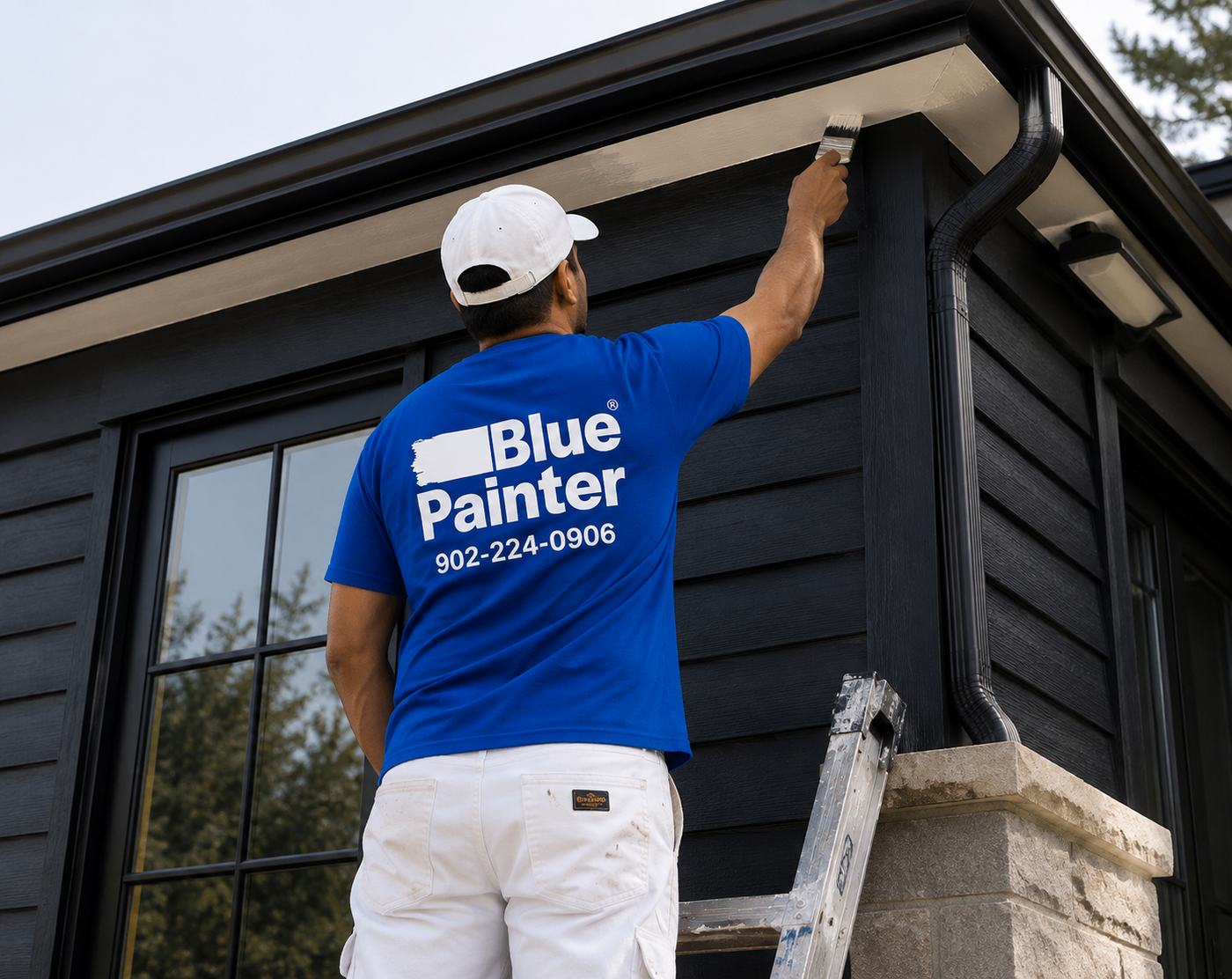 Blue Painter crew member painting exterior fascia on a dark-sided home