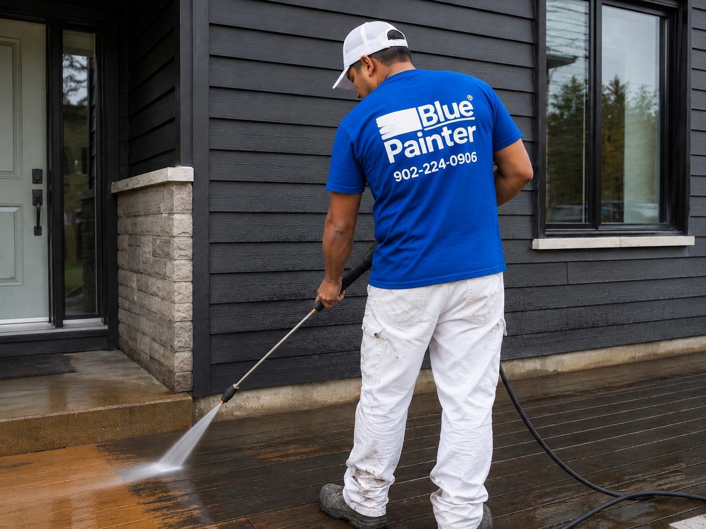 Blue Painter crew member power washing an exterior deck