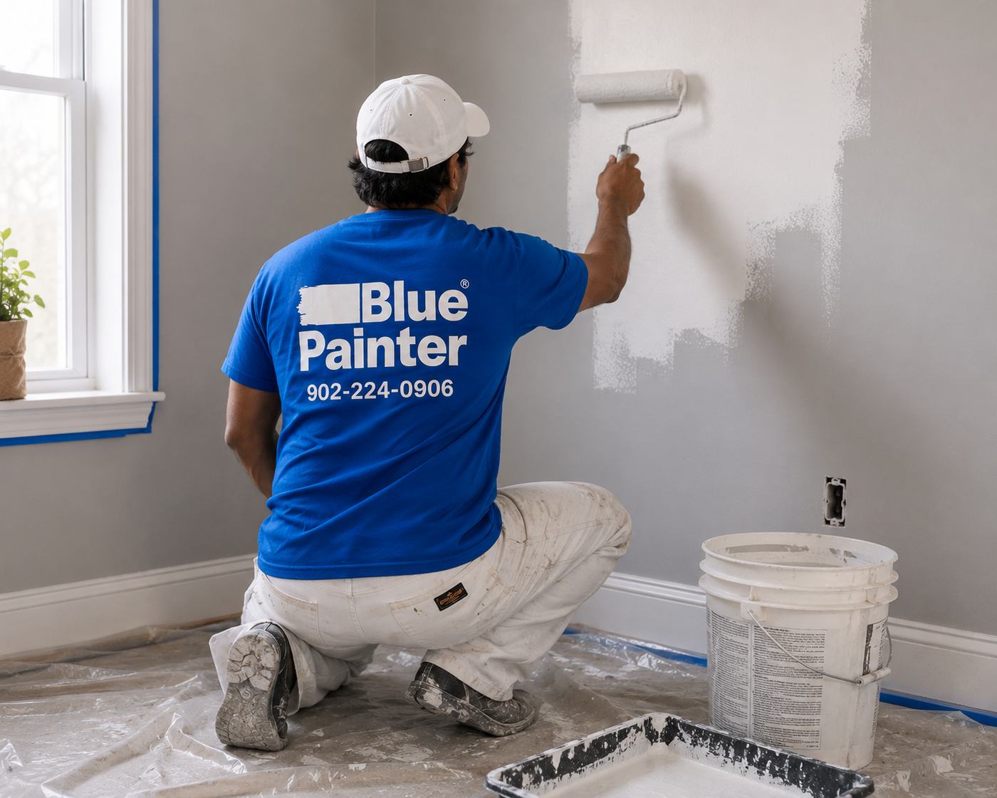 Blue Painter crew member rolling out an interior wall repaint