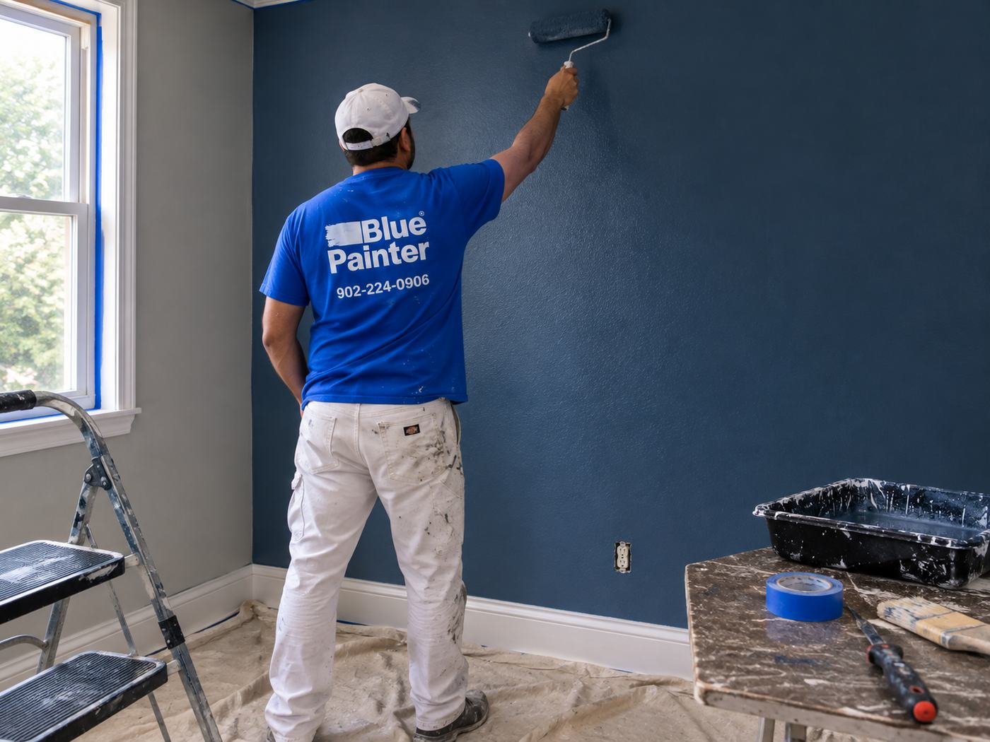 Blue Painter crew member rolling a deep blue interior wall