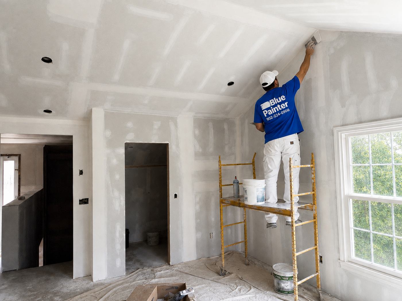 Blue Painter crew member finishing drywall on a vaulted ceiling