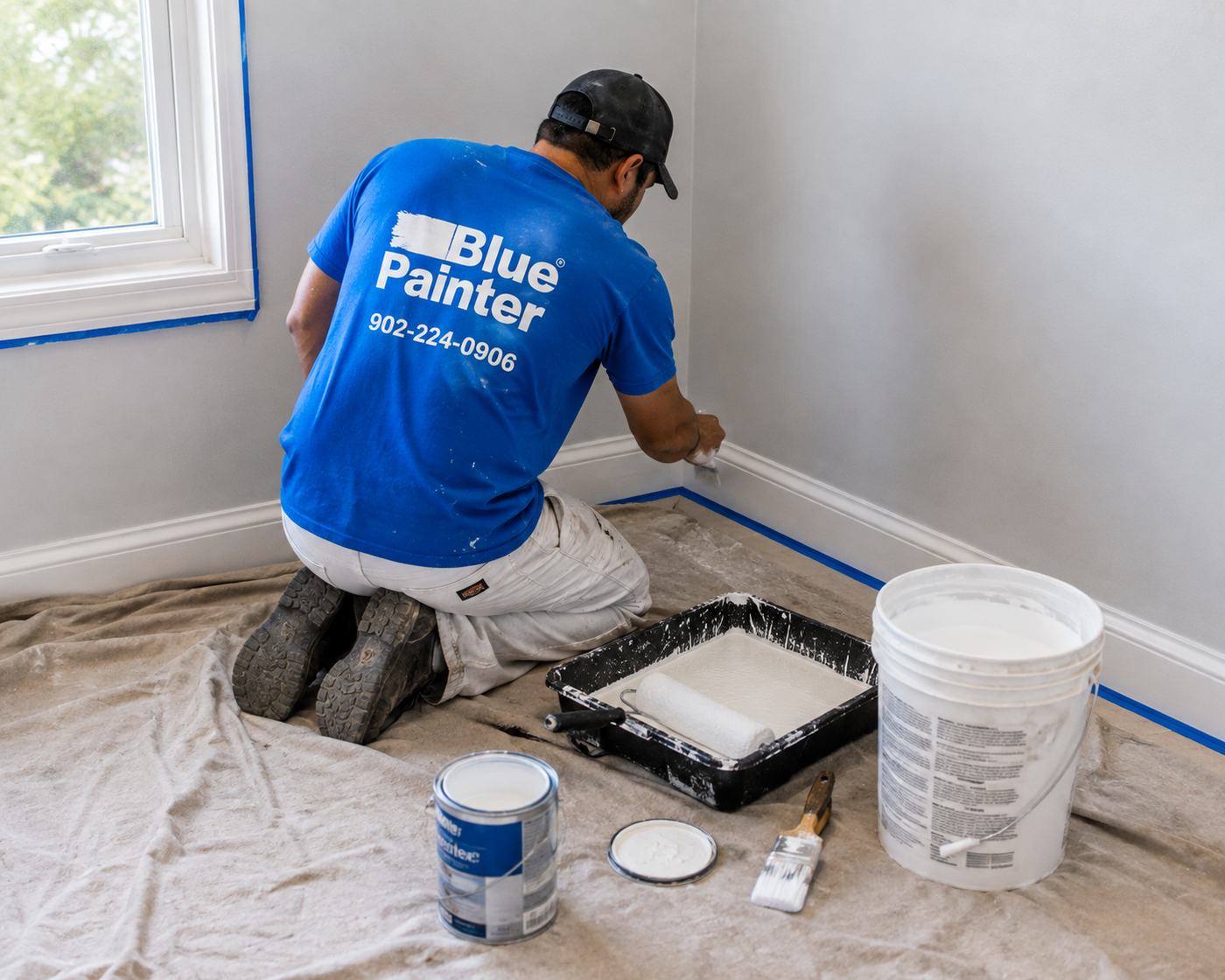 Blue Painter crew member detailing baseboards and trim