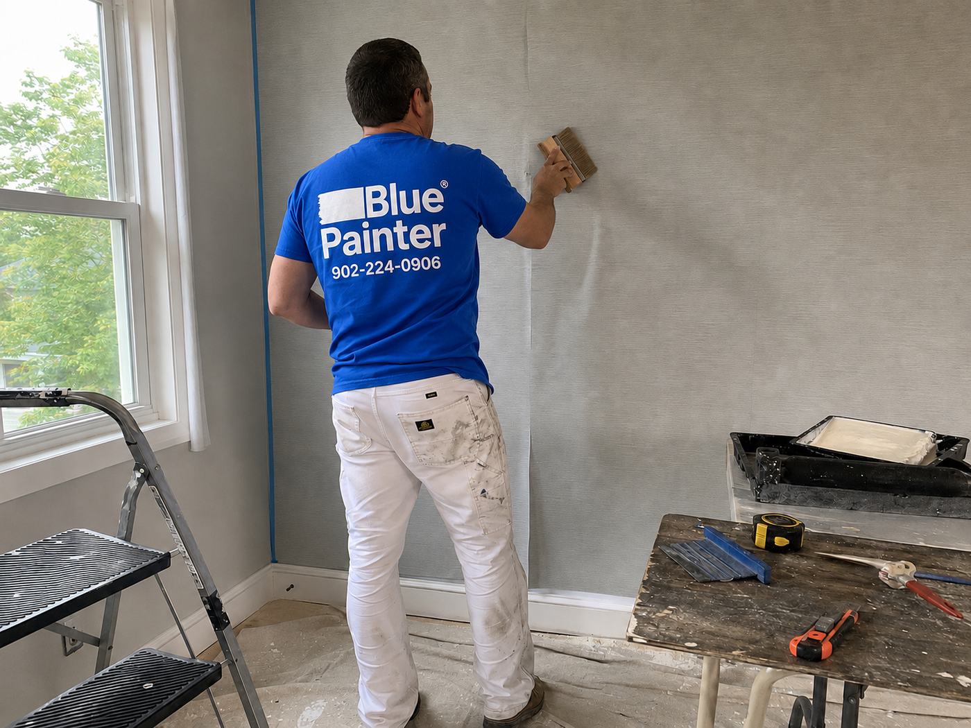 Blue Painter professional installing wallpaper in a residential room